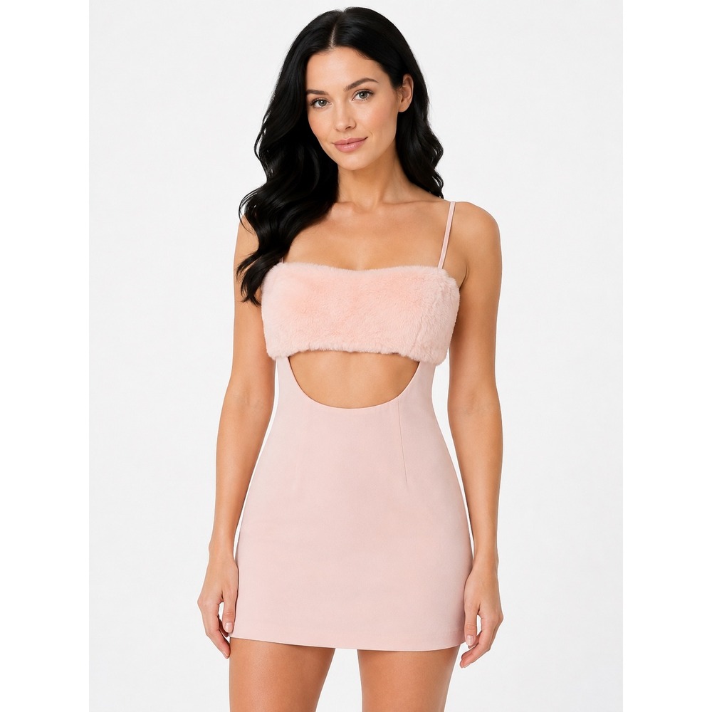Naked Wardrobe The Statement Pink Faux Fur Cutout Mini Dress Size M. NWT